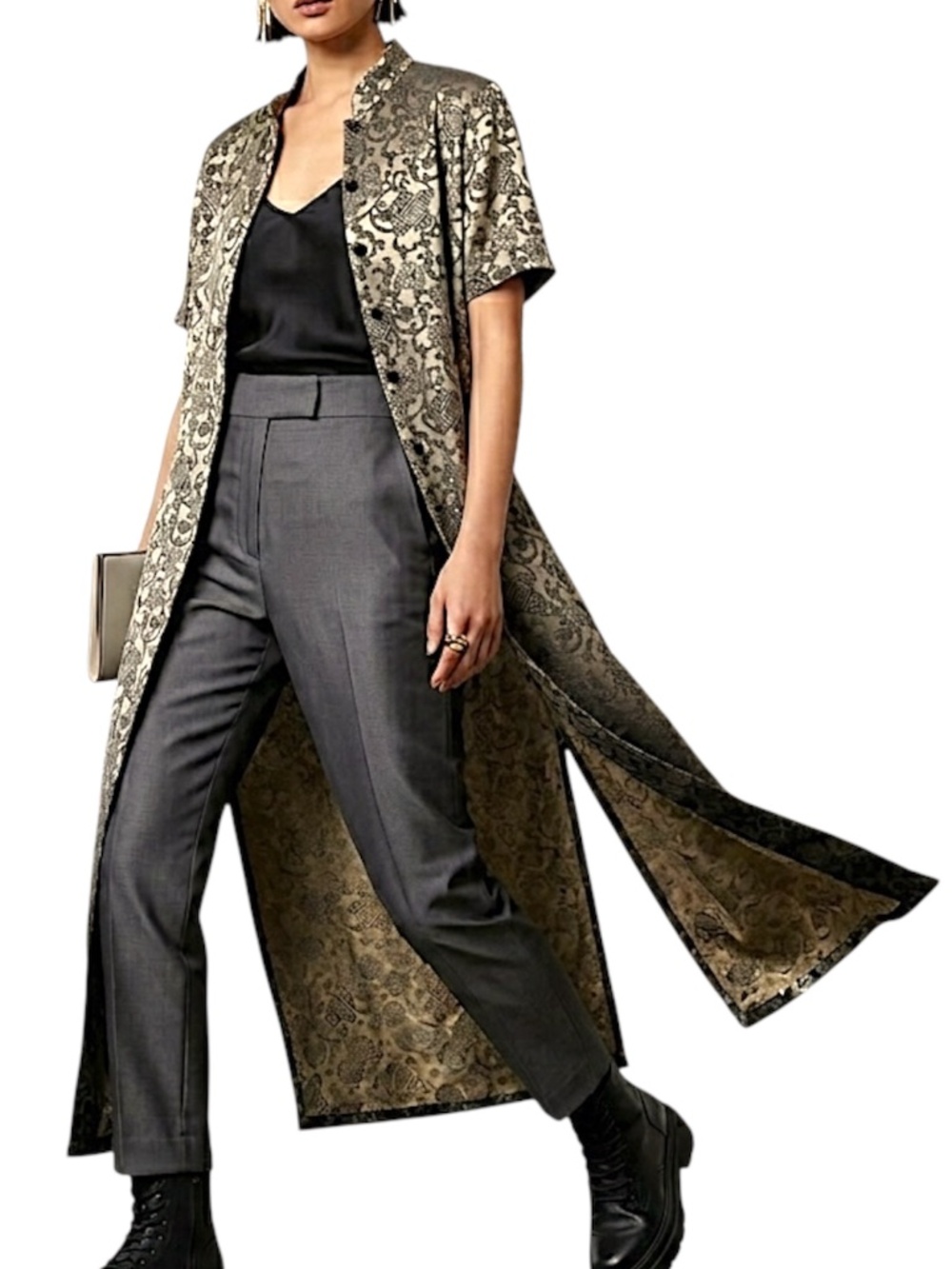 Vtg 90s muted brass brocade boxy editorial shoulder pad maxi duster jacket 15